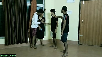 Three boys pleasure an Indian girl in doggystyle at her boyfriend's place